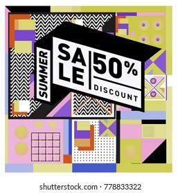 Summer sale memphis style web banner. Fashion and travel discount poster. Vector holiday Abstract colorful illustration with special offer and promotion.