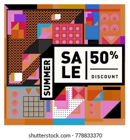 Summer sale memphis style web banner. Fashion and travel discount poster. Vector holiday Abstract colorful illustration with special offer and promotion.