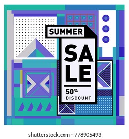Summer sale memphis style web banner. Fashion and travel discount poster. Vector holiday Abstract colorful illustration with special offer and promotion.