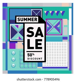 Summer sale memphis style web banner. Fashion and travel discount poster. Vector holiday Abstract colorful illustration with special offer and promotion.