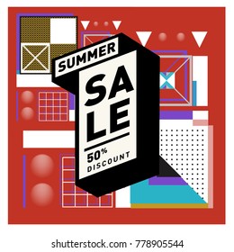 Summer sale memphis style web banner. Fashion and travel discount poster. Vector holiday Abstract colorful illustration with special offer and promotion.