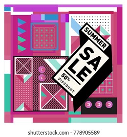 Summer sale memphis style web banner. Fashion and travel discount poster. Vector holiday Abstract colorful illustration with special offer and promotion.