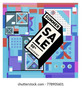 Summer sale memphis style web banner. Fashion and travel discount poster. Vector holiday Abstract colorful illustration with special offer and promotion.