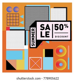 Summer sale memphis style web banner. Fashion and travel discount poster. Vector holiday Abstract colorful illustration with special offer and promotion.