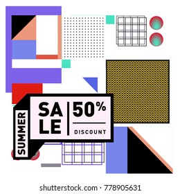 Summer sale memphis style web banner. Fashion and travel discount poster. Vector holiday Abstract colorful illustration with special offer and promotion.