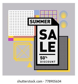 Summer sale memphis style web banner. Fashion and travel discount poster. Vector holiday Abstract colorful illustration with special offer and promotion.