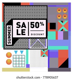Summer sale memphis style web banner. Fashion and travel discount poster. Vector holiday Abstract colorful illustration with special offer and promotion.