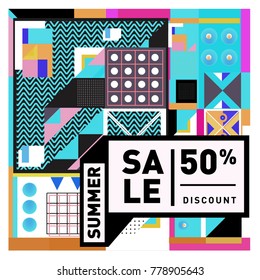 Summer sale memphis style web banner. Fashion and travel discount poster. Vector holiday Abstract colorful illustration with special offer and promotion.