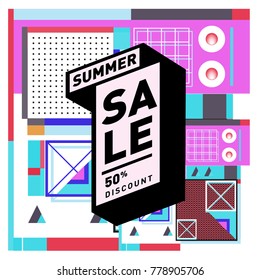 Summer sale memphis style web banner. Fashion and travel discount poster. Vector holiday Abstract colorful illustration with special offer and promotion.
