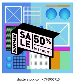 Summer sale memphis style web banner. Fashion and travel discount poster. Vector holiday Abstract colorful illustration with special offer and promotion.