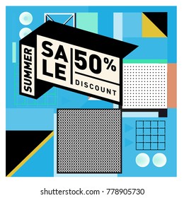 Summer sale memphis style web banner. Fashion and travel discount poster. Vector holiday Abstract colorful illustration with special offer and promotion.