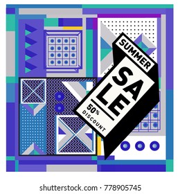 Summer sale memphis style web banner. Fashion and travel discount poster. Vector holiday Abstract colorful illustration with special offer and promotion.