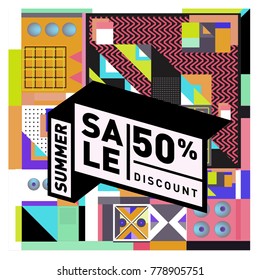 Summer sale memphis style web banner. Fashion and travel discount poster. Vector holiday Abstract colorful illustration with special offer and promotion.