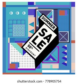 Summer sale memphis style web banner. Fashion and travel discount poster. Vector holiday Abstract colorful illustration with special offer and promotion.