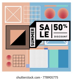 Summer sale memphis style web banner. Fashion and travel discount poster. Vector holiday Abstract colorful illustration with special offer and promotion.