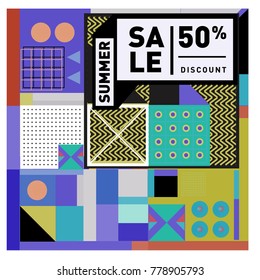 Summer sale memphis style web banner. Fashion and travel discount poster. Vector holiday Abstract colorful illustration with special offer and promotion.