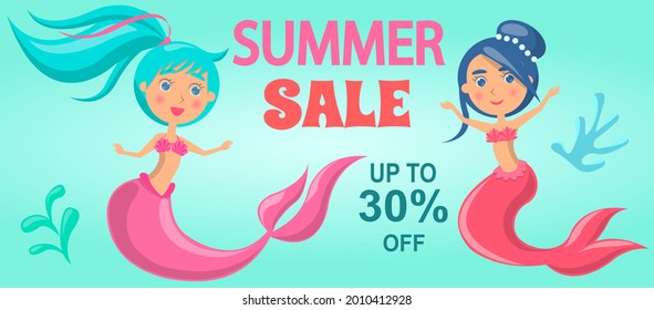 Summer sale with mermaid at sea. Advertising banner with underwater life of sea creature. Nixie on background of ocean with waves and sand with starfish. Seasonal closeout poster, discounts, hot price