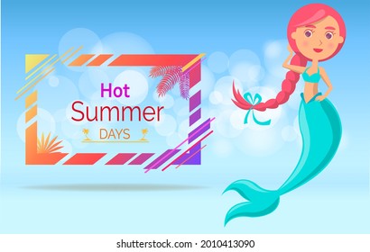 Summer sale with mermaid at sea. Advertising banner with underwater life of sea creature. Nixie on background of ocean with waves and sand with starfish. Seasonal closeout poster, discounts, hot price