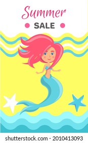 Summer sale with mermaid at sea. Advertising banner with underwater life of sea creature. Nixie on background of ocean with waves and sand with starfish. Seasonal closeout poster, discounts, hot price