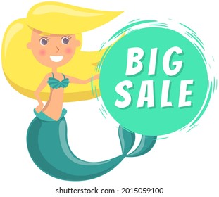 Summer sale with mermaid at sea. Advertising banner with underwater life of sea creature. Nixie on background of ocean with waves and sand with starfish. Seasonal closeout poster, discounts, hot price