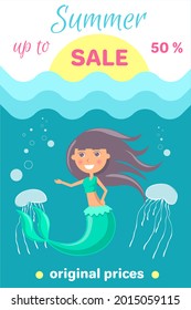 Summer sale with mermaid at sea. Advertising banner with underwater life of sea creature. Nixie on background of ocean with waves and sand with starfish. Seasonal closeout poster, discounts, hot price