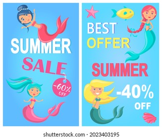 Summer sale with mermaid at sea. Advertising banner with underwater life of sea creature. Nixie on background of ocean with waves and sand with starfish. Seasonal closeout poster, discounts, hot price
