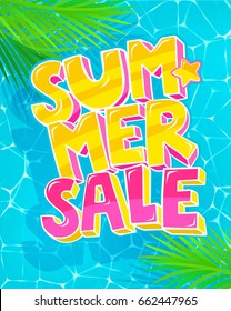 Summer Sale message on marine background. Sea and palm trees top view. Vector illustration.