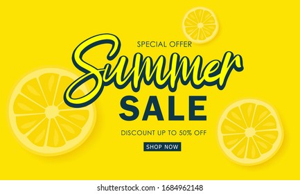 Summer sale minimal 3d paper cut style for banner, poster, card, invitation, print. Background lemon sliced in yellow color. Calligraphic discount offer 50 percent off. Vector illustration.