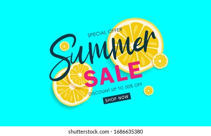 Summer sale minimal concept for banner, poster, card, invitation, print. Abstract template graphic sliced lemon in yellow color. Wallpaper discount offer 50 percent off. Vector illustration.
