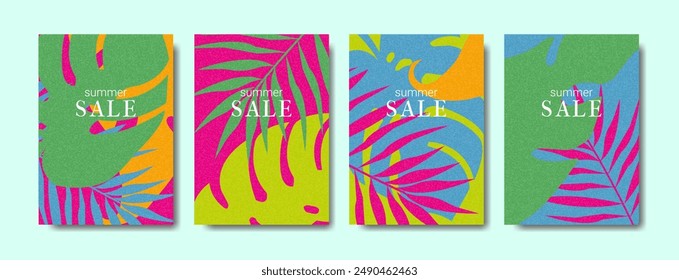 Summer Sale Minimalist Style poster set. Collection of modern bright cards. Creative concept of banners with flat style leaves. Templates for celebration, ads, branding, banner, cover, label, poster.