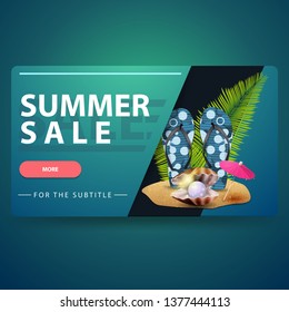 Summer sale, modern 3D volumetric web banner for your website with fashionable design, flip flops, pearl and palm leaves