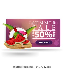 Summer sale, modern 3D volumetric banner for your creativity with watermelon slices, palm leaves and lifeline