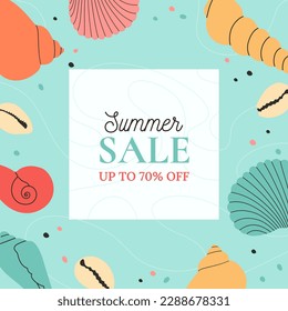 Summer sale. Modern background with hand draw colorful seashells, starfish. Beautiful summer holidays posters. Vector templates for greeting cards, banners, invitation, social media post.