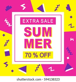 Summer sale modern banner template design. Vector illustration for social media. 80s-90s Memphis Style, bright colors