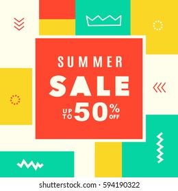 Summer sale modern banner template design. Vector illustration for social media. 80s-90s Memphis Style, bright colors