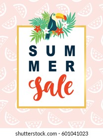 Summer Sale Modern Banner Template Background with tropical leaves in bright trendy colors. Vector Illustration for social media marketing, Website, mobile, E-commerce poster design 