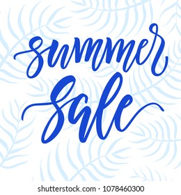 Summer SALE modern calligraphy on palm leaves background.