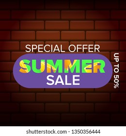 summer sale modern color design template banner or poster. Vector Summer sale label with typographic text  on brick wall background