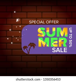 summer sale modern color design template banner or poster. Vector Summer sale label with typographic text  on brick wall background