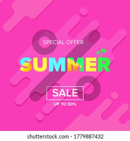 summer sale modern color design template banner or poster. Vector Summer sale label with typographic text isolated on abstract pink background