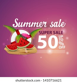 Summer sale, modern creative 3D web banner with watermelon slices, palm leaves and lifeline
