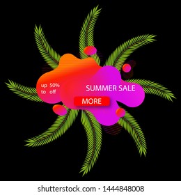 Summer sale modern design palm leaves banner template. Tropical colorful background. Abstract promo badge for seasonal design.