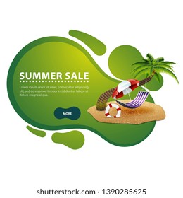 Summer sale, modern discount banner in the form of smooth lines for your business with palm tree, hammock and beach umbrella