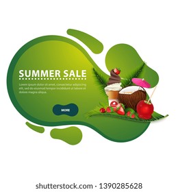 Summer sale, modern discount banner in the form of smooth lines for your business with coconut cocktail, strawberry, raspberry, cherry and ice cream on palm leaf