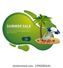 Summer sale, modern discount banner in the form of smooth lines for your business with palm tree, beach chair and beach umbrella