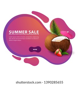 Summer sale, modern discount banner in the form of smooth lines for your business with strawberry cocktail in coconut