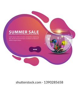 Summer sale, modern discount banner in the form of smooth lines for your business with round aquarium with fish