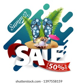 Summer sale, modern discount banner for your business with flip flops, pearl and palm leaves