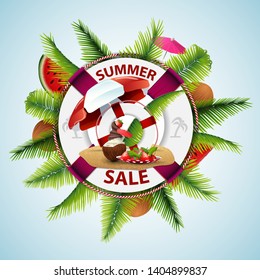 Summer sale, modern discount banner in the form of a lifeline with sea decor, coconut ice cream cocktail, beach umbrella, fruit, palm leaves and lifeline