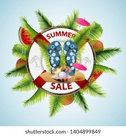 Summer sale, modern discount banner in the form of a lifeline with sea decor, flip flops, pearl and palm leaves